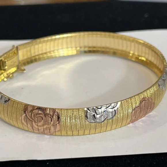 18KT Plated Sterling Silver Floral  Tri-Tone Bangle Bracelet MSRP: $450 - Picture 3 of 6
